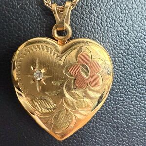 14K Gold Filled and Pink Floral Heart Necklace with Crystal Accent